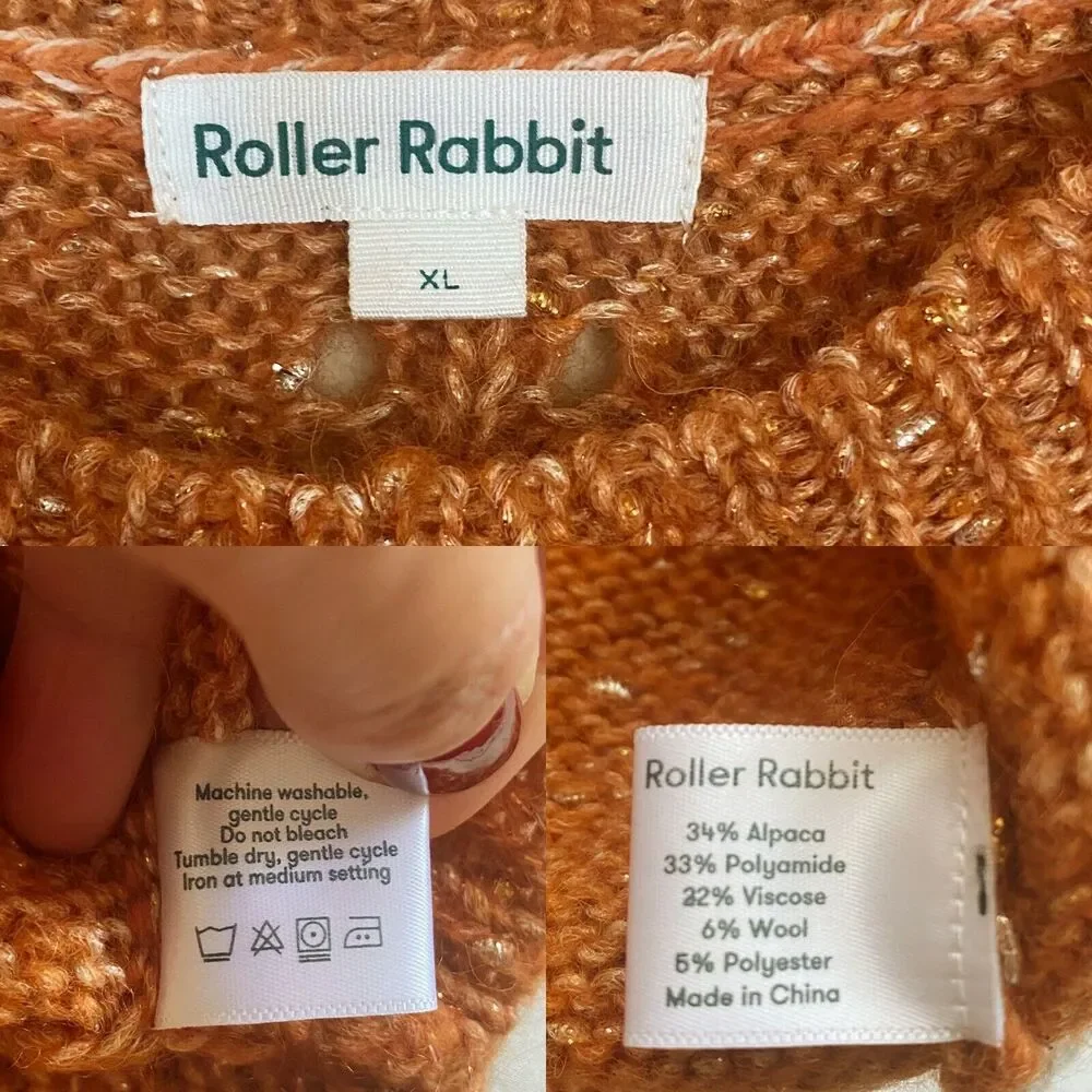 ROLLER RABBIT Velma Sweater Burnt Orange Alpaca Crew Neck Open-Knit Crew Neck - Picture 6 of 11